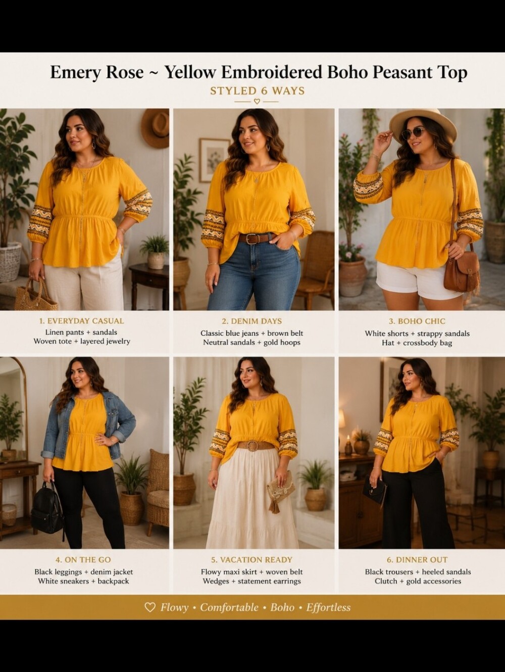 Emery Rose ~ Yellow Embroidered Boho Peasant Top – 3X